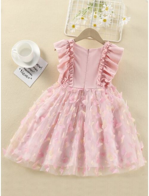 Shein Toddler Girls 1pc Butterfly Appliques Ruffle Trim Contrast Mesh Dress