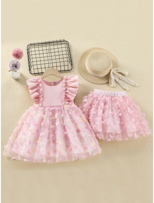 Shein Toddler Girls 1pc Butterfly Appliques Ruffle Trim Contrast Mesh Dress