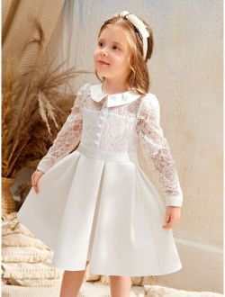 Toddler Girls Contrast Lace Collar Fold Pleated Dress