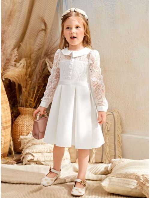 SHEIN Toddler Girls Contrast Lace Collar Fold Pleated Dress