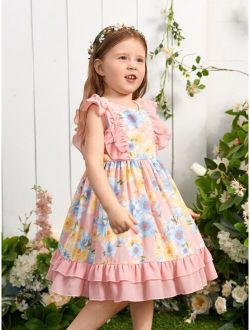 Toddler Girls Floral Print Ruffle Trim Dress