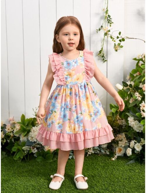 SHEIN Toddler Girls Floral Print Ruffle Trim Dress