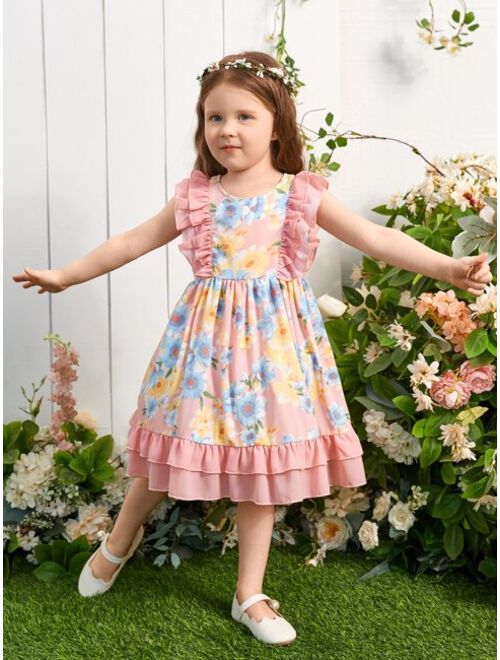 SHEIN Toddler Girls Floral Print Ruffle Trim Dress