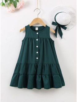 Toddler Girls Button Front Ruffle Hem Smock Dress With hat
