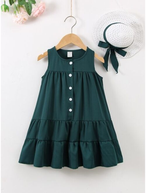 Shein Toddler Girls Button Front Ruffle Hem Smock Dress With hat