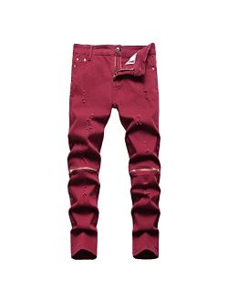NEWSEE Boy's Slim Fit Ripped Destroyed Distressed Zipper Holes Jeans Pants