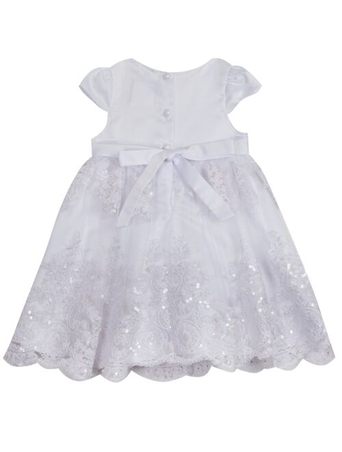 RARE EDITIONS Baby Girls Satin Bodice to Embroidered Skirt Dress with Panty and Headband, 3 Piece Set