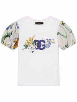 Kids floral logo-print puff-sleeve T-shirt