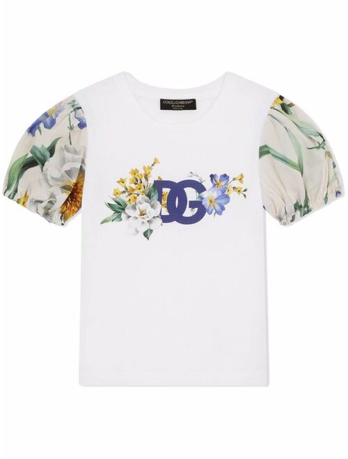 Dolce & Gabbana Kids floral logo-print puff-sleeve T-shirt