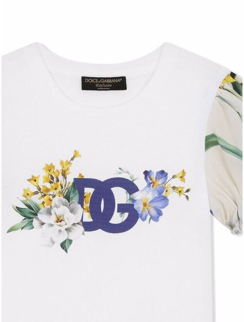 Dolce & Gabbana Kids floral logo-print puff-sleeve T-shirt