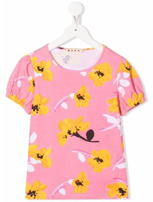 Marni Kids floral-print puff-sleeve T-shirt