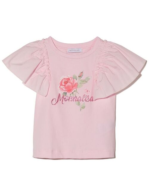 Monnalisa Kids Logo Print Frilly Sleeve Cotton T-shirt