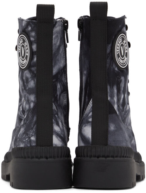 VERSACE JEANS COUTURE Black & White Tie-Dye V-Emblem Boots