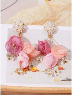 Flower & Faux Pearl Decor Drop Earrings