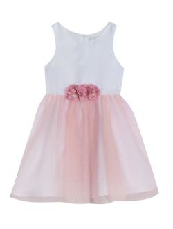 RARE EDITIONS Toddler Girls Satin Bodice to Mesh Glitter Skirt with Waist Flowers Details