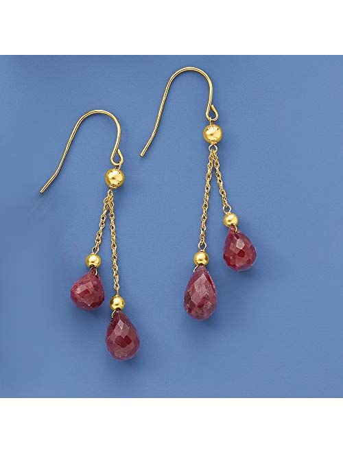 Ross-Simons 15.00 ct. t.w. Ruby and Bead Double Drop Earrings in 14kt Yellow Gold