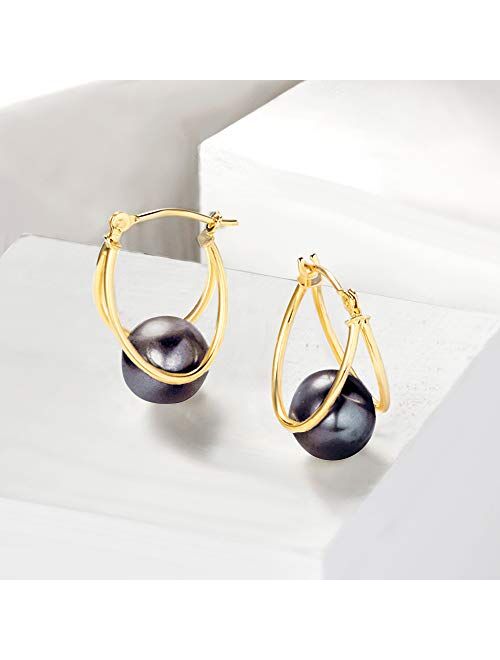 Ross-Simons 8-9mm Cultured Pearl Double-Hoop Earrings in 14kt Yellow Gold. 3/4