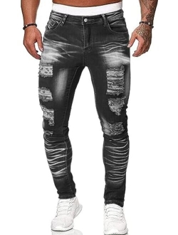 HUNGSON Men's Skinny Slim Fit Ripped Distressed Stretch Jeans Pants