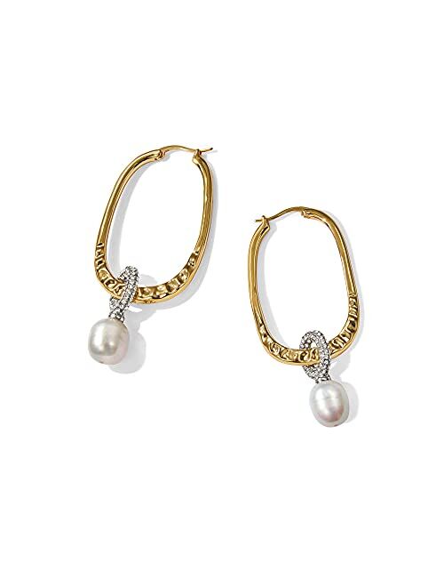 Acc Planet Pearl Hoop Earrings 18K Gold Plated High Polished Pearl Dangle Hoop Earrings for Women Girls
