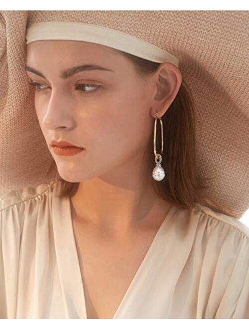 Acc Planet Pearl Hoop Earrings 18K Gold Plated High Polished Pearl Dangle Hoop Earrings for Women Girls