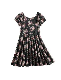 Girls 4-12  Puff Sleeve Printed Fit-and-Flare Dress