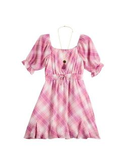 Girls 7-16 Three Pink Hearts Printed Chiffon Dress & Necklace Set in Regular & Plus
