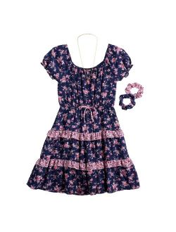 Girls 7-16 Three Pink Hearts Puff Sleeve Floral Peasant Dress, Necklace, & Scrunchies Set in Regular & Plus