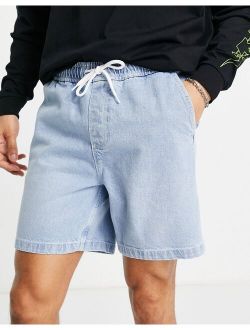 denim shorts with elasticated waist in light wash blue