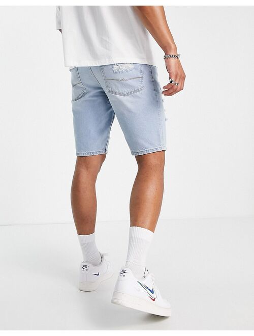 ASOS DESIGN stretch slim denim shorts with rips in light wash blue