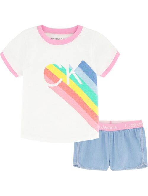 CALVIN KLEIN Little Girls Rainbow T-shirt and Logo-Waist Denim Shorts, 2-Piece Set