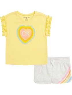 Little Girls Ruched Sleeves Logo T-shirt and Heather Terry Shorts, 2-Piece Set