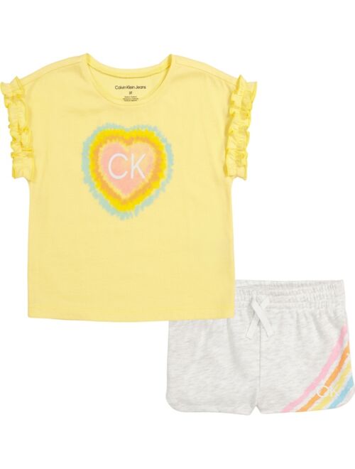CALVIN KLEIN Little Girls Ruched Sleeves Logo T-shirt and Heather Terry Shorts, 2-Piece Set