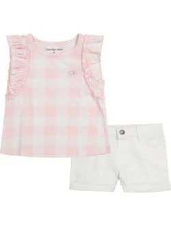 Little Girls Ruffle-Sleeves Check Top and White Denim Shorts, 2-Piece Set