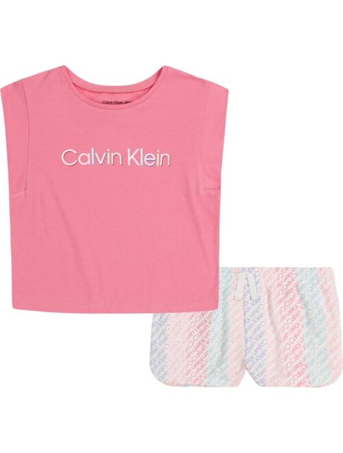 CALVIN KLEIN Little Girls Cap Sleeves Logo T-shirt and Printed Terry Shorts, 2-Piece Set