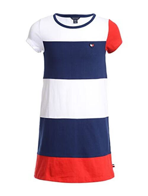 Tommy Hilfiger Girls' Big Short Sleeve Colorblocked Dress, 100% Cotton, Pull on Style & Crewneck Neckline, Sequin Logo