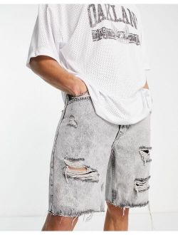 slim distressed denim shorts in gray