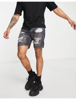 loose fit denim shorts with abrasions in washed black
