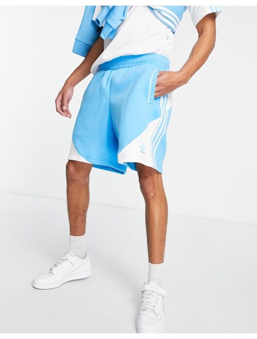 adidas Originals SPRT blocked three stripe fleece shorts in sky blue
