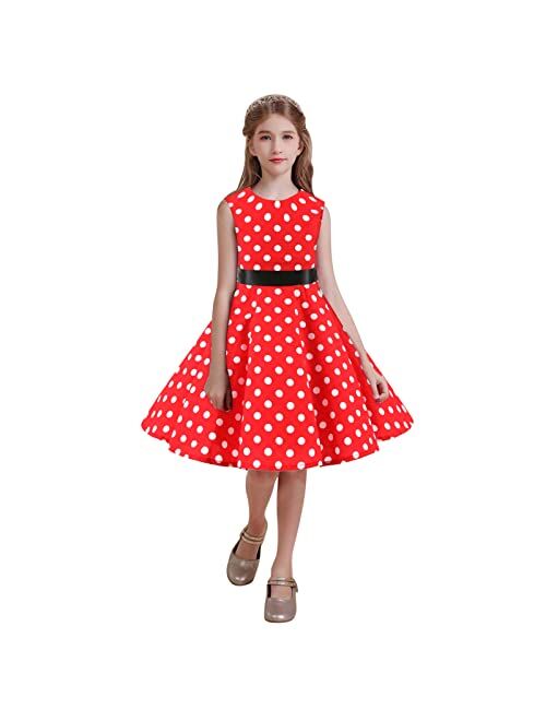 GeNeric Kids Little Girls Vintage Dress Solid Short Sleeve Swing Retro Rockabilly Dresses 7-12Y Party Dresses Irregular Clothes