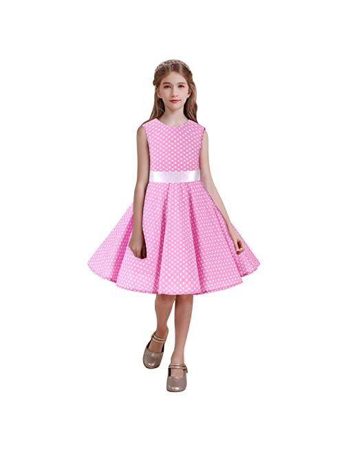 GeNeric Kids Little Girls Vintage Dress Solid Short Sleeve Swing Retro Rockabilly Dresses 7-12Y Party Dresses Irregular Clothes