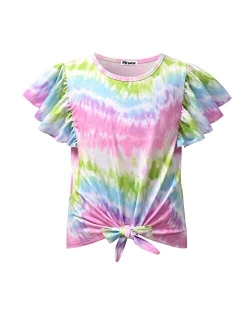 Mirawise Girl's Short Ruffle Sleeve Summer Crop Top Tie Front Knot Tops Tee T Shirt 4-13Y