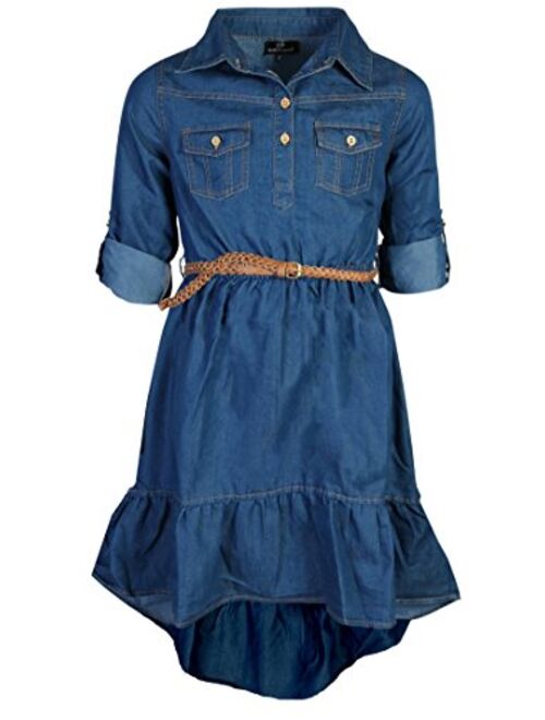 dollhouse Girls Dress High-Low Belted Short Sleeve Chambray Denim Jean Dress