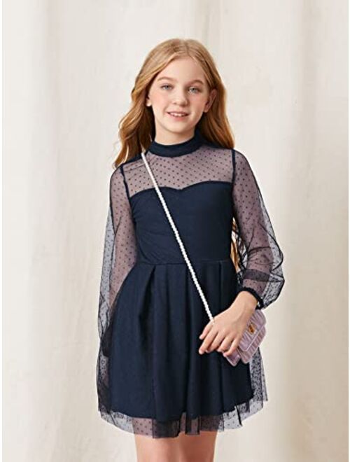 SOLY HUX Girl's Contrast Mesh Long Sleeve Mock Neck High Waist Flared A Line Dress