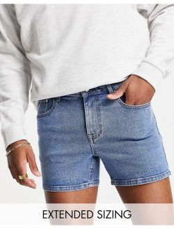 skinny denim shorts with dark blue wash in shorter length