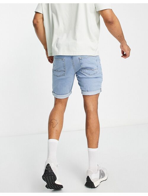 ASOS DESIGN slim denim shorts with heavy rips in light wash
