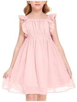 Flypigs Girls Ruffle Sleeve Swiss Dot Dress Stretchy A-Line Flutter Sleeve Casual Dress for 5-12 Years Kids