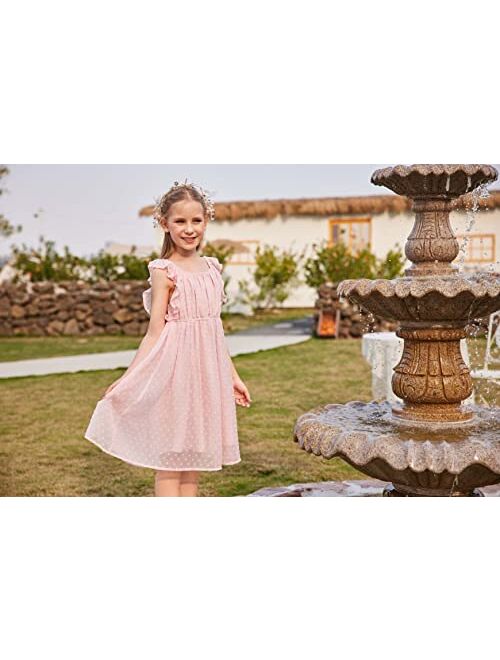 Flypigs Girls Ruffle Sleeve Swiss Dot Dress Stretchy A-Line Flutter Sleeve Casual Dress for 5-12 Years Kids
