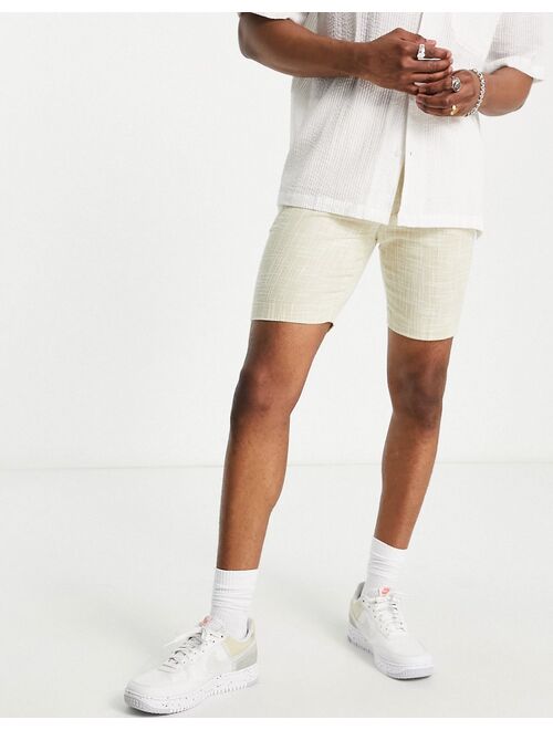 ASOS DESIGN smart skinny cotton mix basketweave shorts in stone