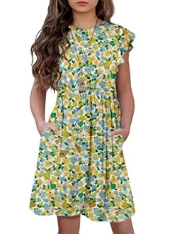 HOSIKA Girls Floral Dress Boho Ruffle Sleeve Pleated Casual Swing Dresses with Pockets for Kids 6-12 Years