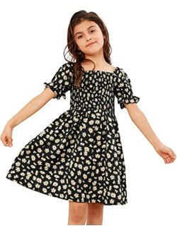 GAMISOTE Girls Floral Dress Puff Sleeve Flowy Smocked A Line Ruffle Summer Sundress